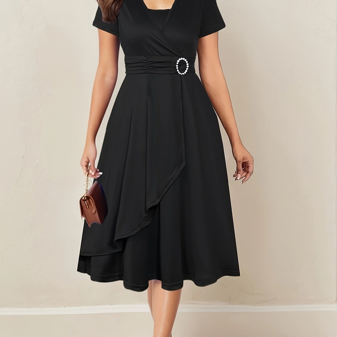 Elegant Women's Skinny Fit Rhinestone V-Neck Dress