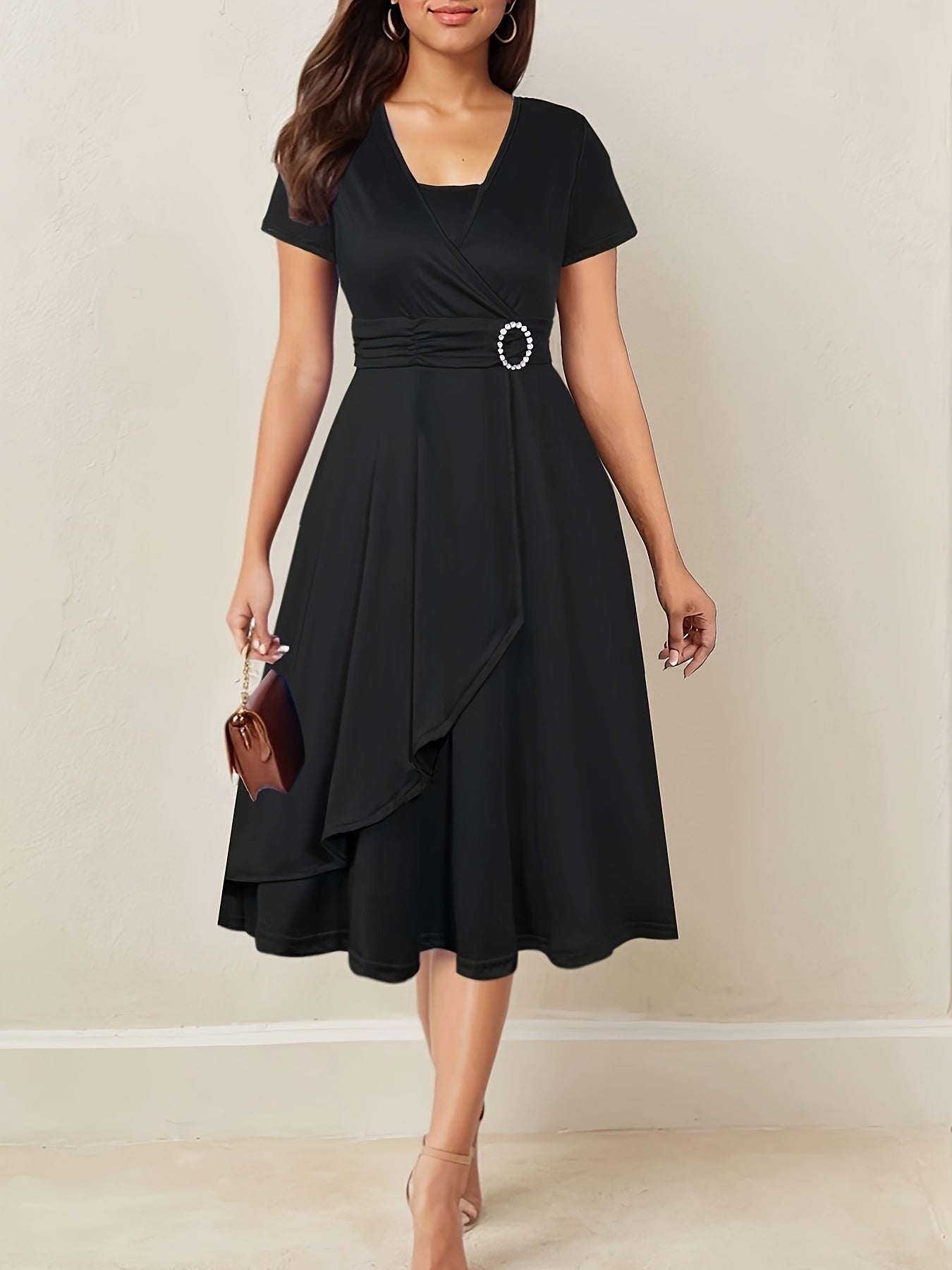Elegant Women's Skinny Fit Rhinestone V-Neck Dress