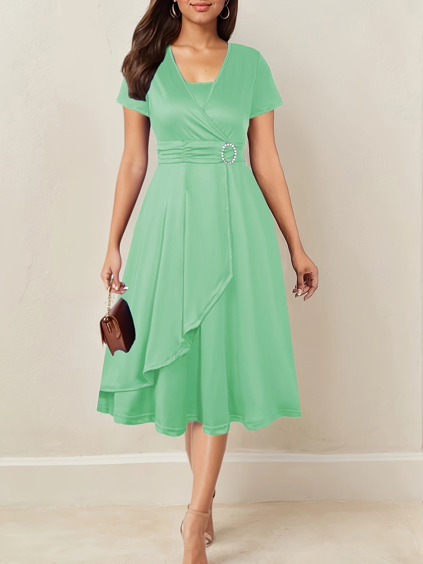 Elegant Women's Skinny Fit Rhinestone V-Neck Dress