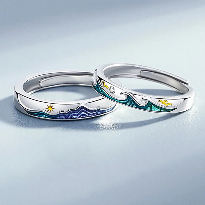 ouple Rings Silver Color Sun Moon Adjustable Open Ring For Women