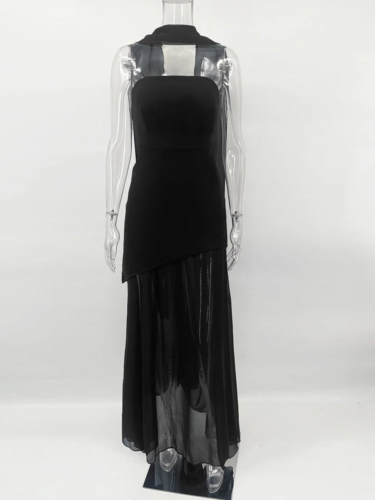 Strapless Slit Long Dress With Ribbon