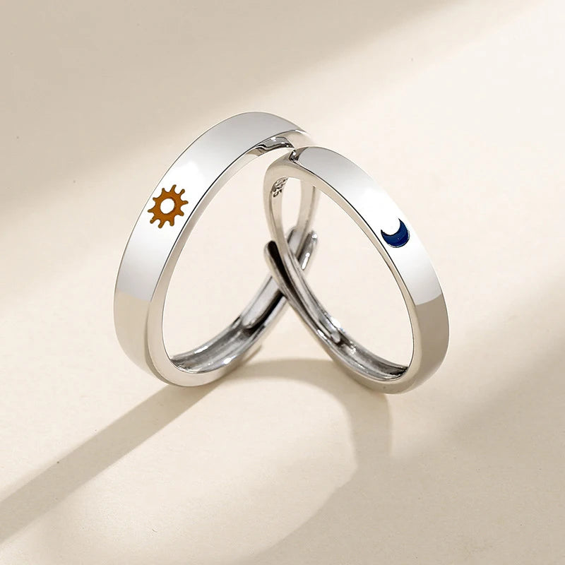 ouple Rings Silver Color Sun Moon Adjustable Open Ring For Women