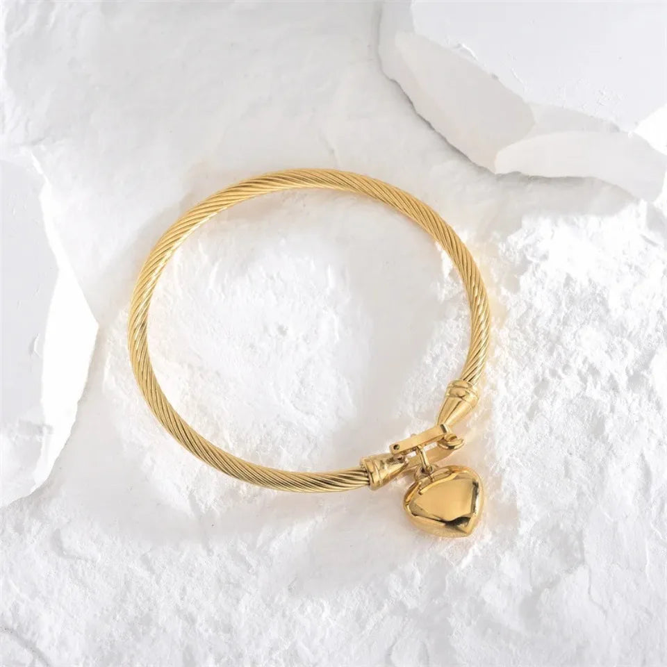 18k Gold Color Stainless Steel Heart Pendant Charm Bangle Bracelets for Women