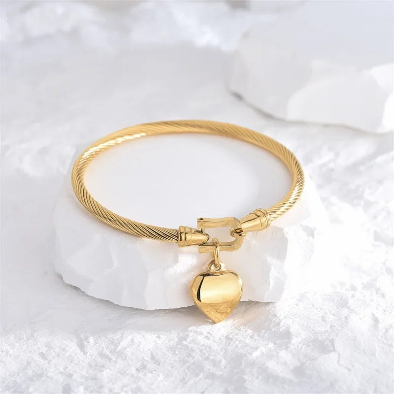 18k Gold Color Stainless Steel Heart Pendant Charm Bangle Bracelets for Women