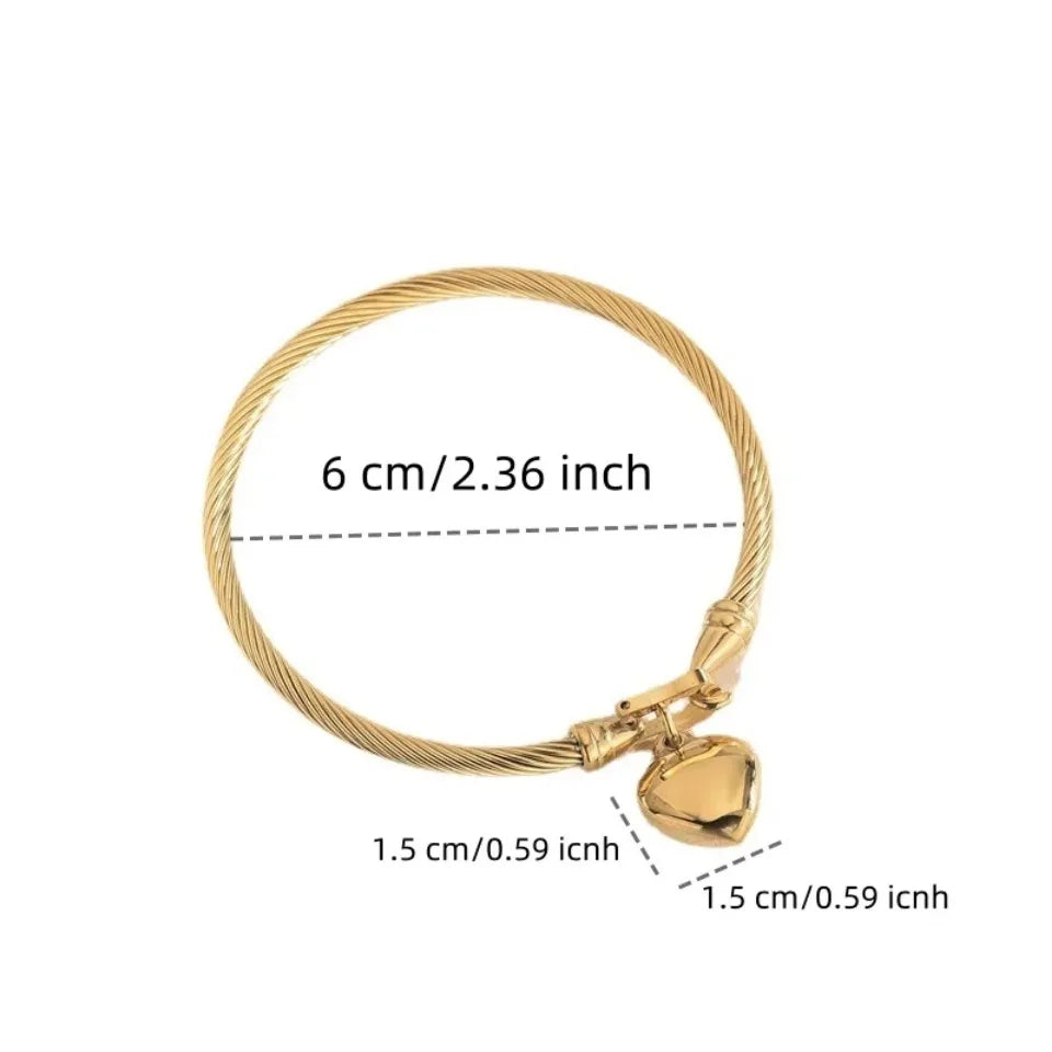 18k Gold Color Stainless Steel Heart Pendant Charm Bangle Bracelets for Women