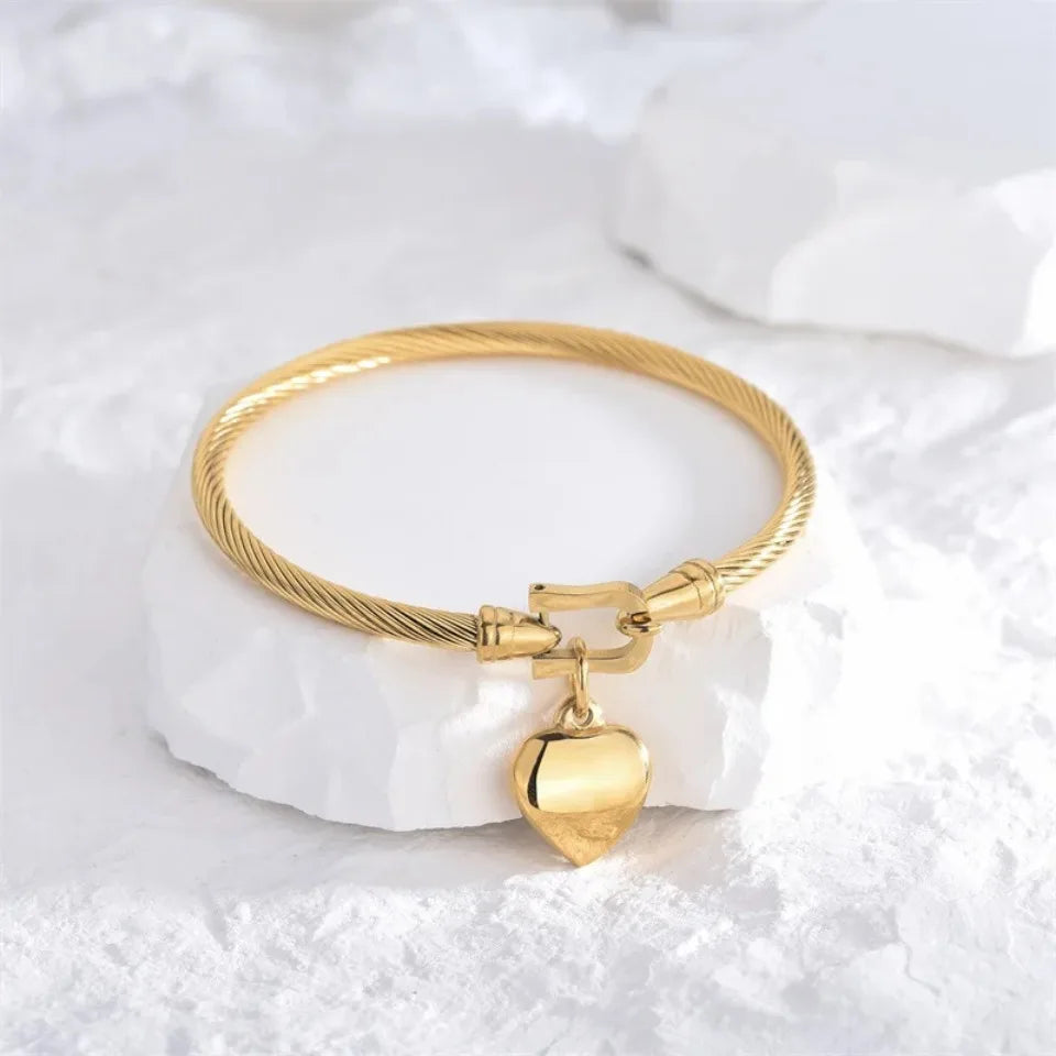 18k Gold Color Stainless Steel Heart Pendant Charm Bangle Bracelets for Women