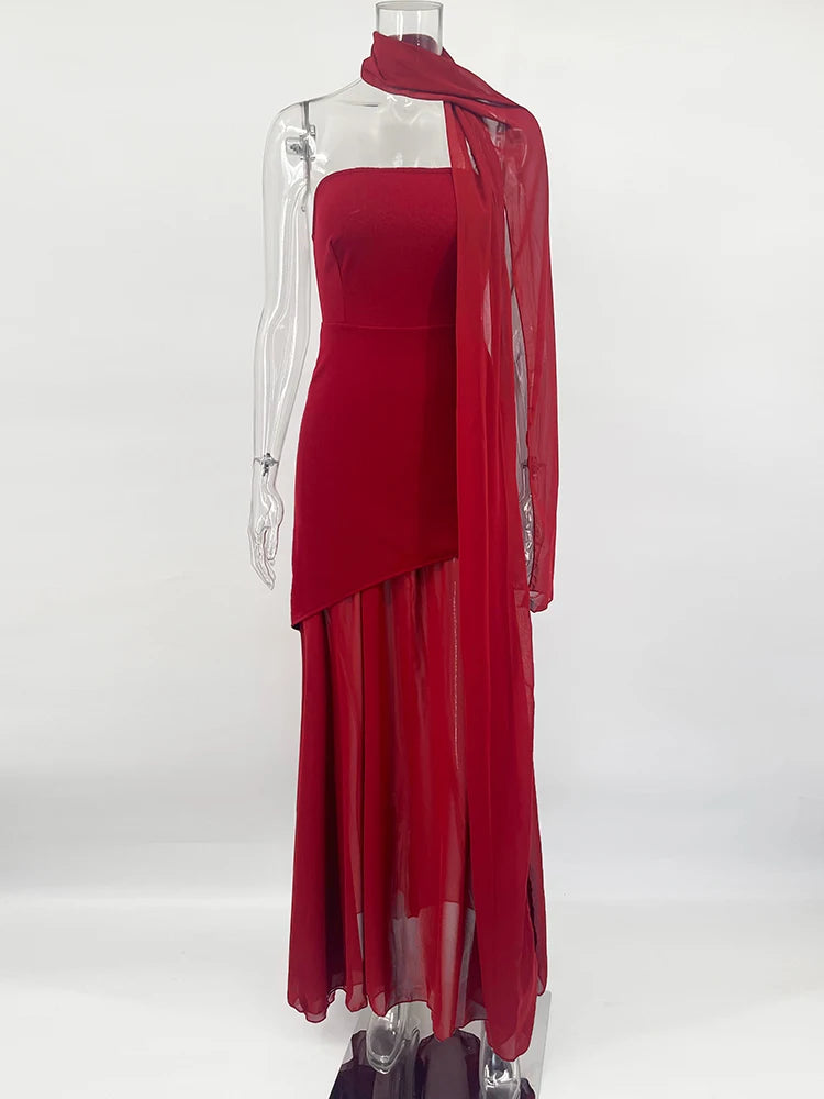 Strapless Slit Long Dress With Ribbon