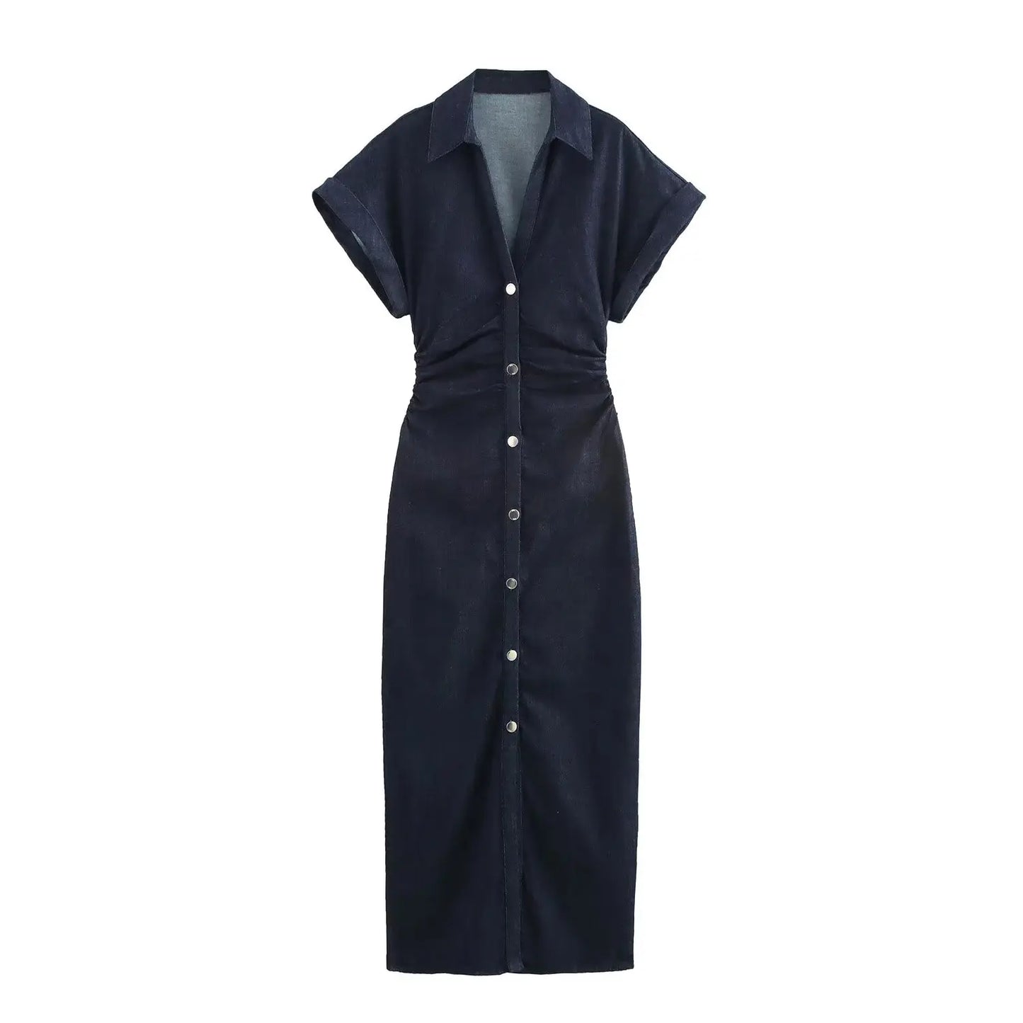 Spring dress with lapel side zipper fashion wrinkle waist slim elegant dress