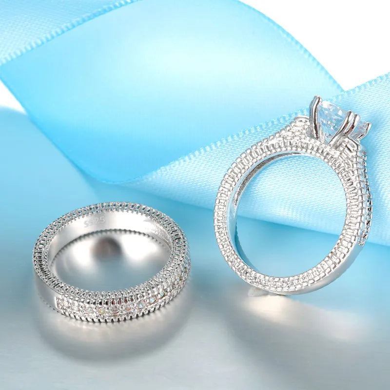 Couple Rings Set 925 Sterling Silver Color Anniversary Accessory