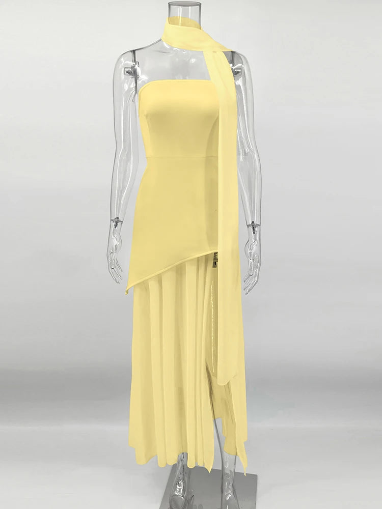 Strapless Slit Long Dress With Ribbon