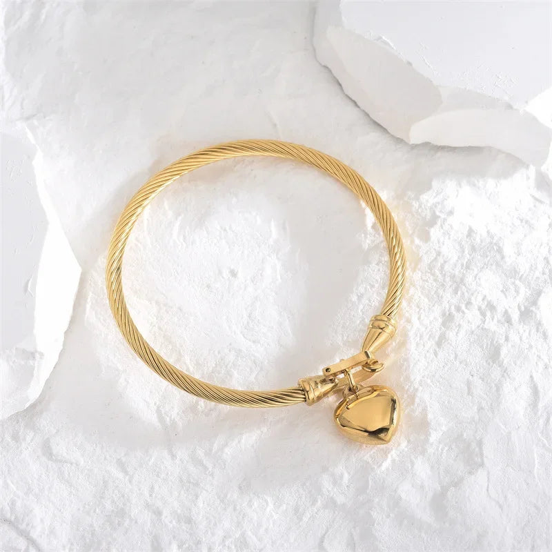 18k Gold Color Stainless Steel Heart Pendant Charm Bangle Bracelets for Women