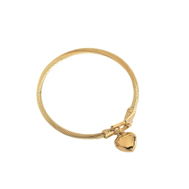 18k Gold Color Stainless Steel Heart Pendant Charm Bangle Bracelets for Women