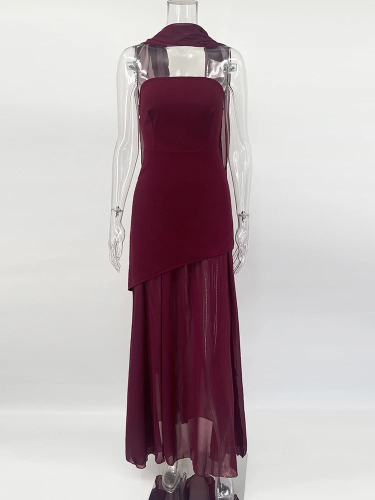 Strapless Slit Long Dress With Ribbon