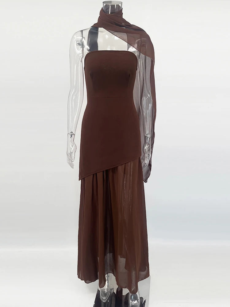 Strapless Slit Long Dress With Ribbon