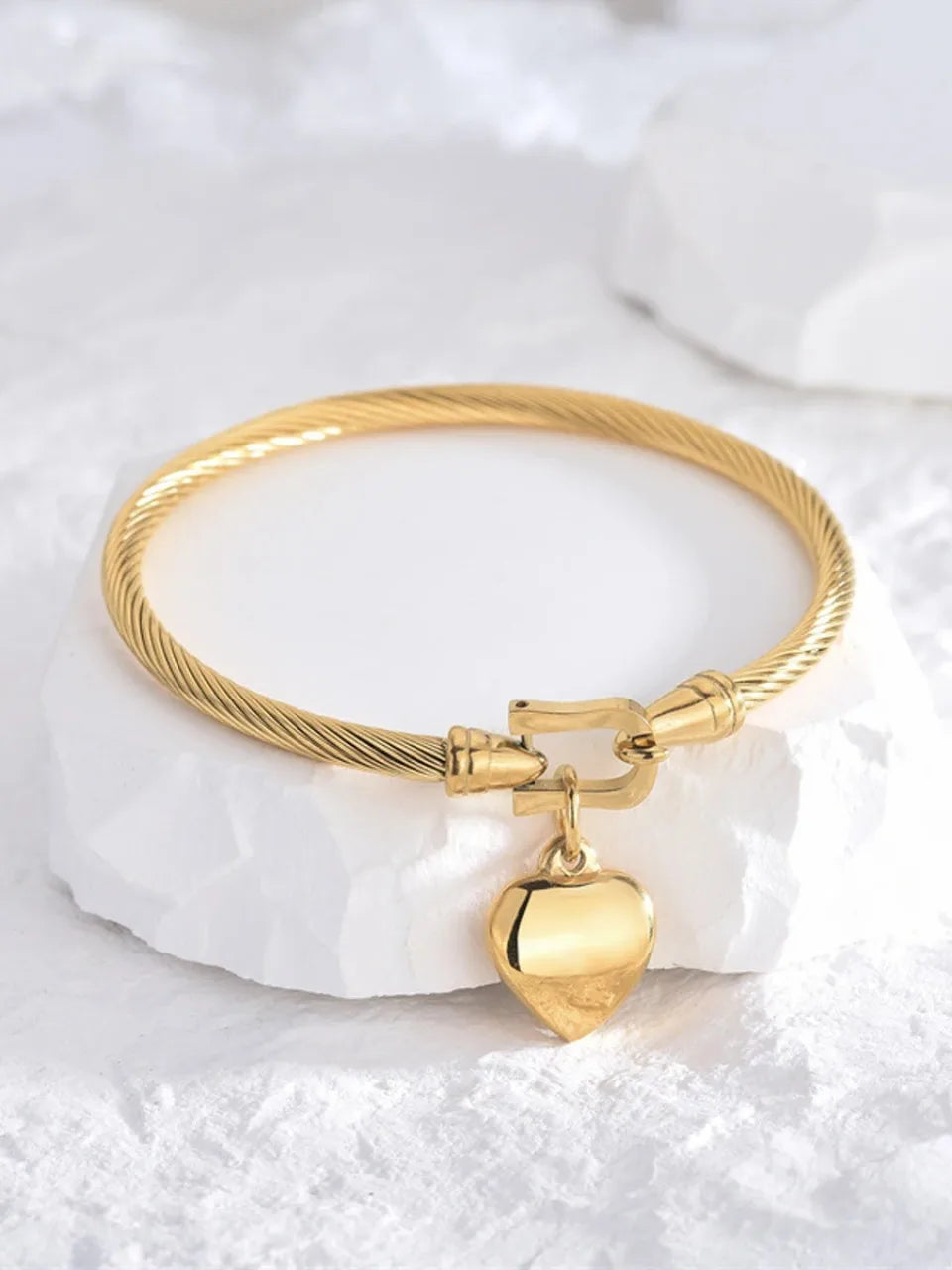18k Gold Color Stainless Steel Heart Pendant Charm Bangle Bracelets for Women