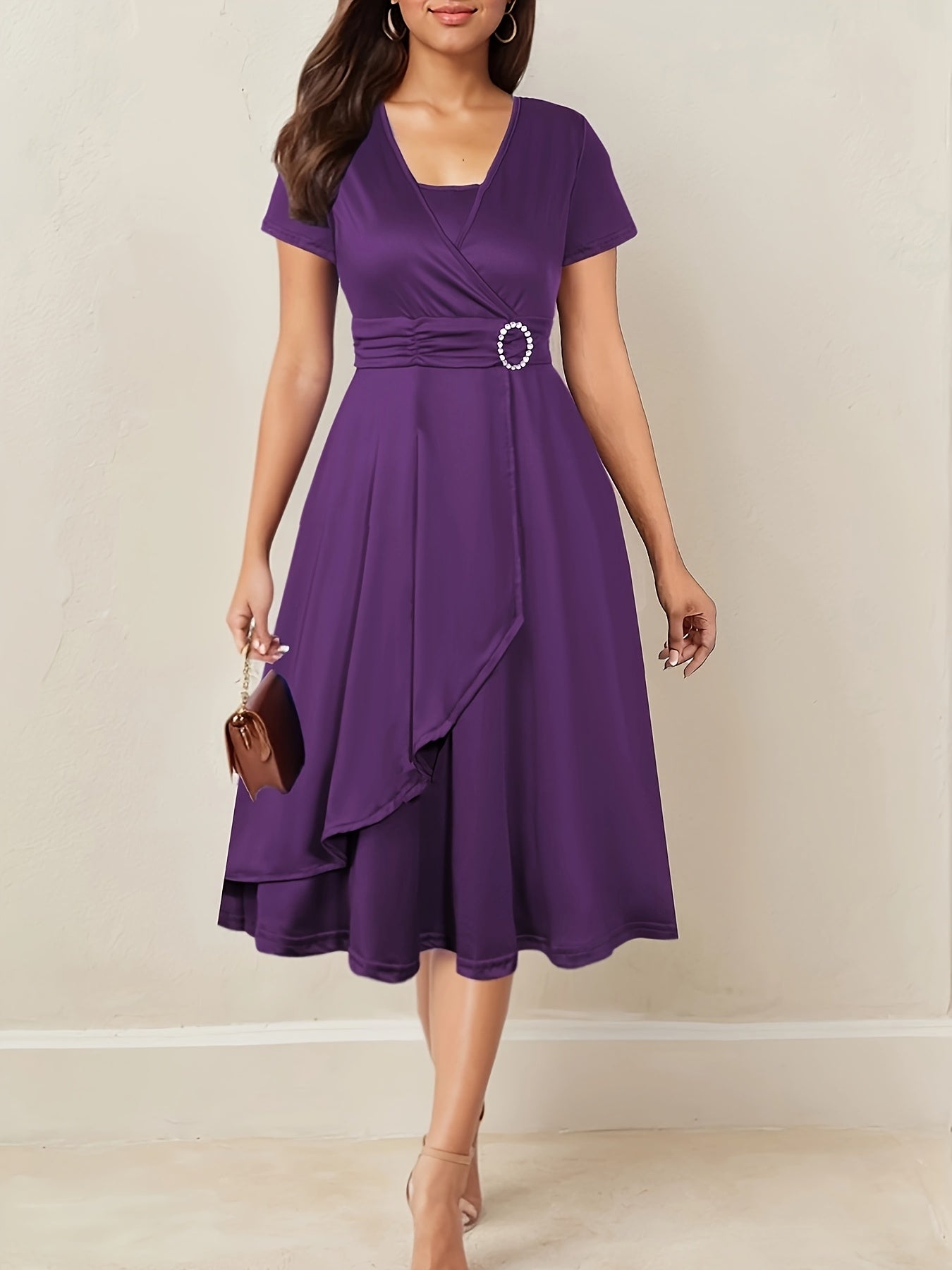 Elegant Women's Skinny Fit Rhinestone V-Neck Dress