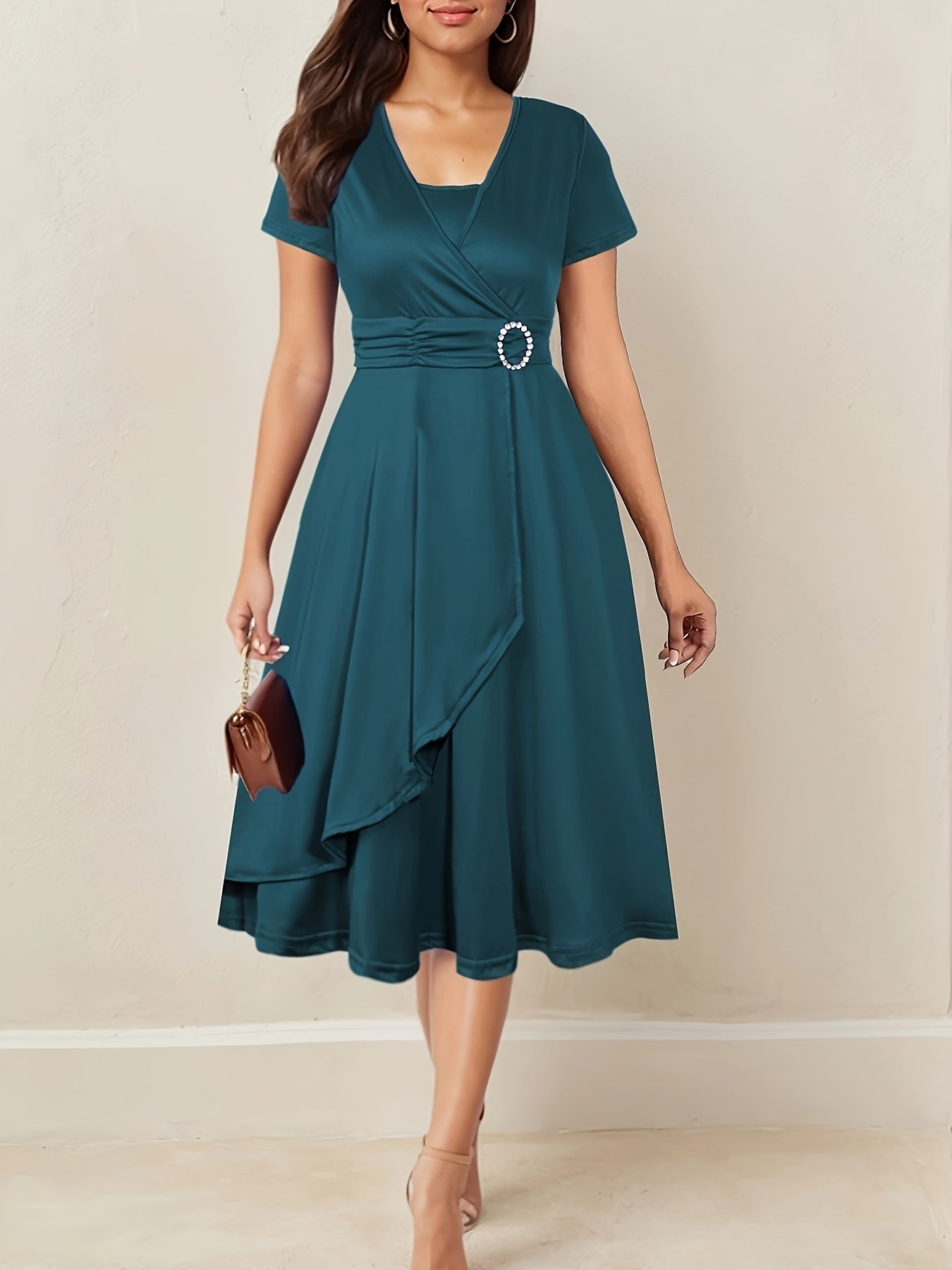 Elegant Women's Skinny Fit Rhinestone V-Neck Dress
