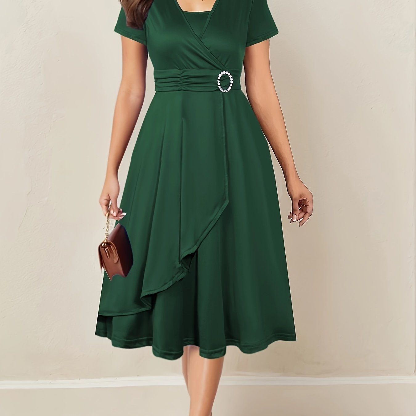 Elegant Women's Skinny Fit Rhinestone V-Neck Dress