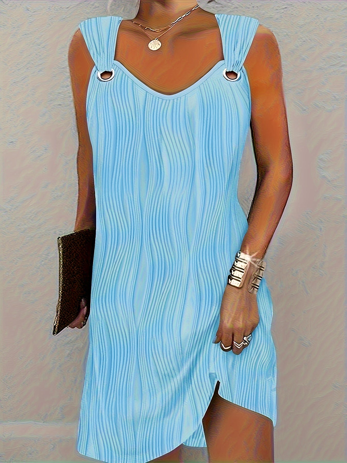 Solid Dress, Casual V Neck Sleeveless Mini Dress, Women's Clothing