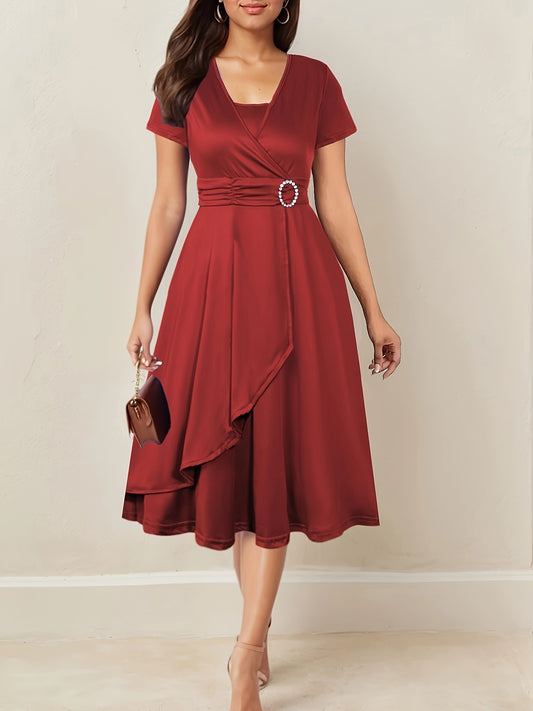 Elegant Women's Skinny Fit Rhinestone V-Neck Dress