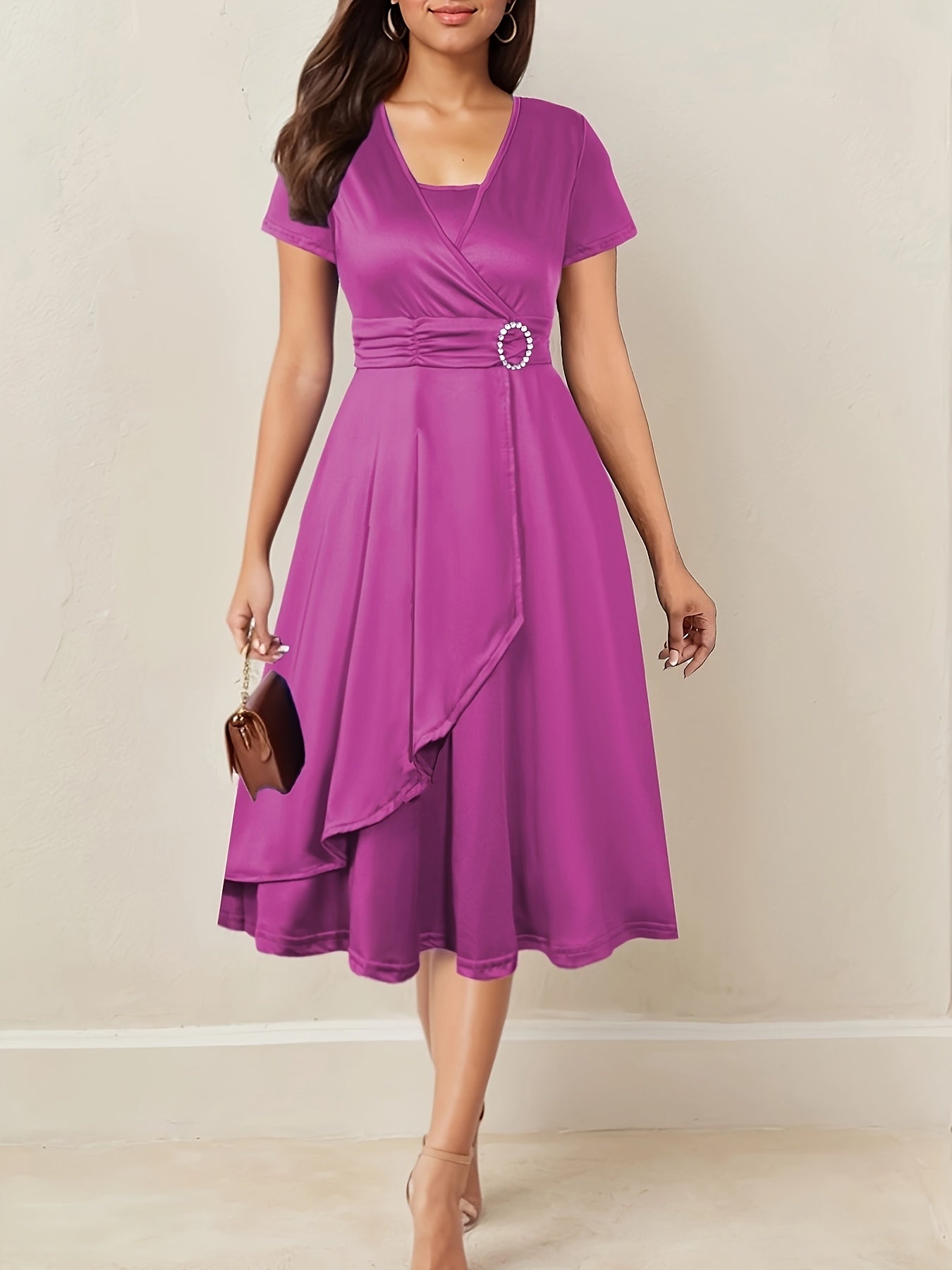Elegant Women's Skinny Fit Rhinestone V-Neck Dress