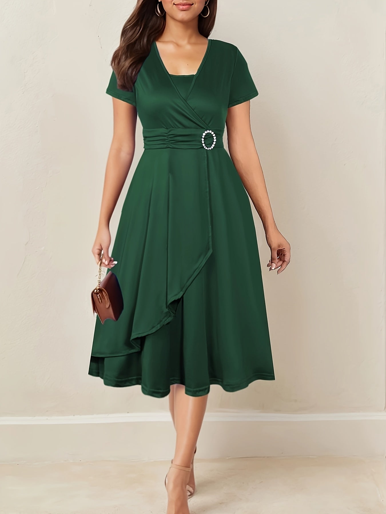 Elegant Women's Skinny Fit Rhinestone V-Neck Dress