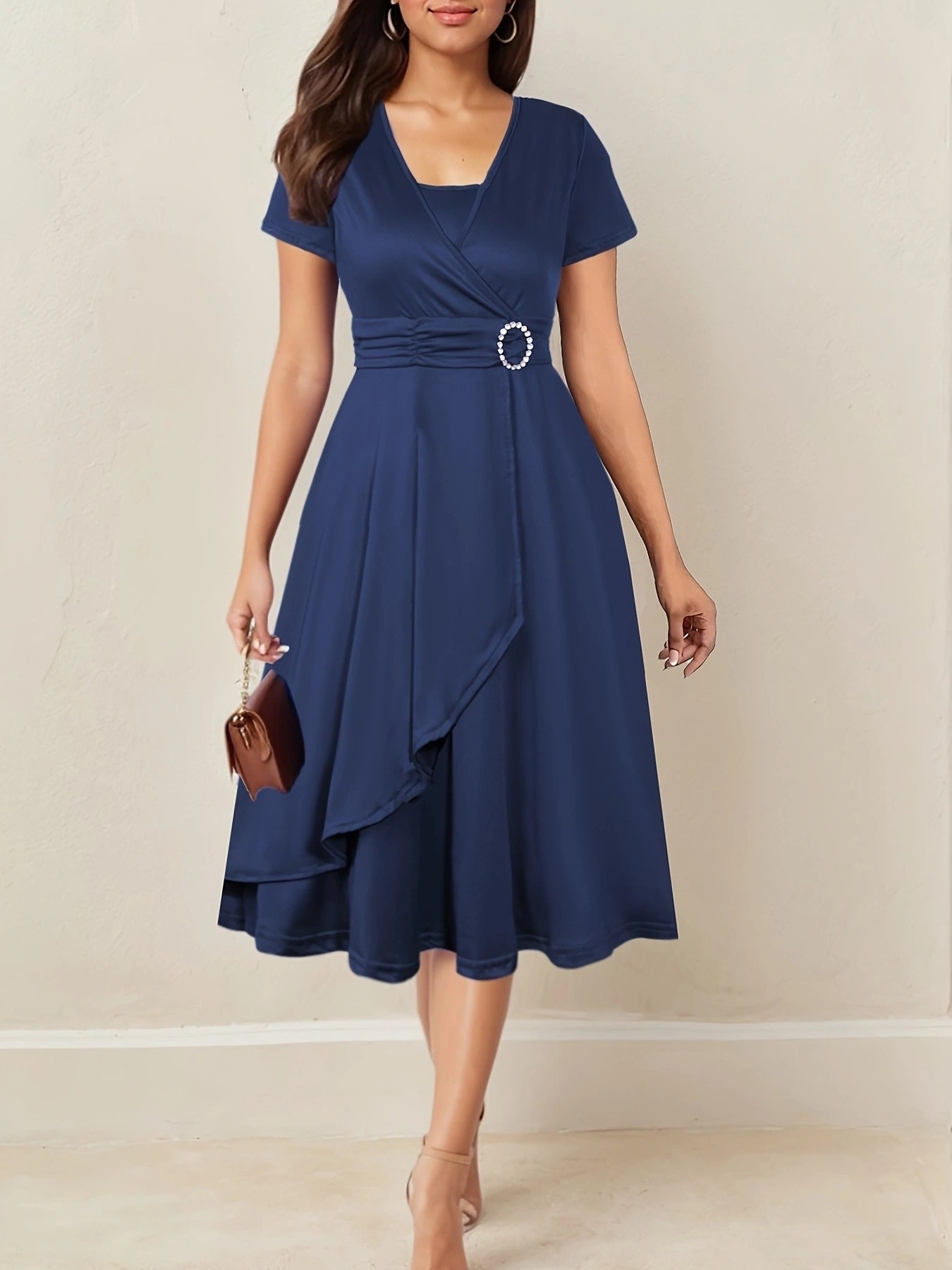 Elegant Women's Skinny Fit Rhinestone V-Neck Dress