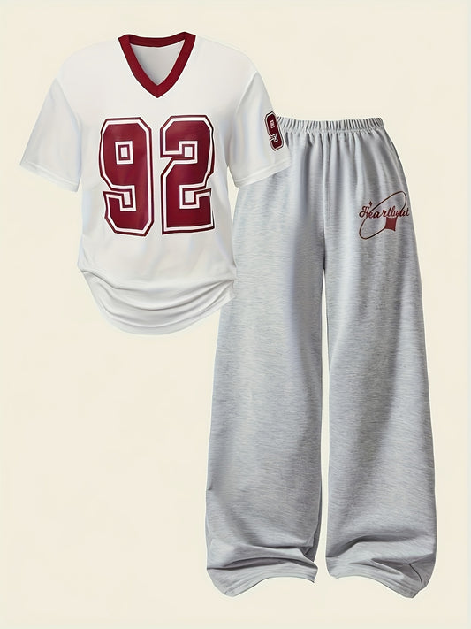 Women's Color Block V-Neck T-Shirt and Pants Set