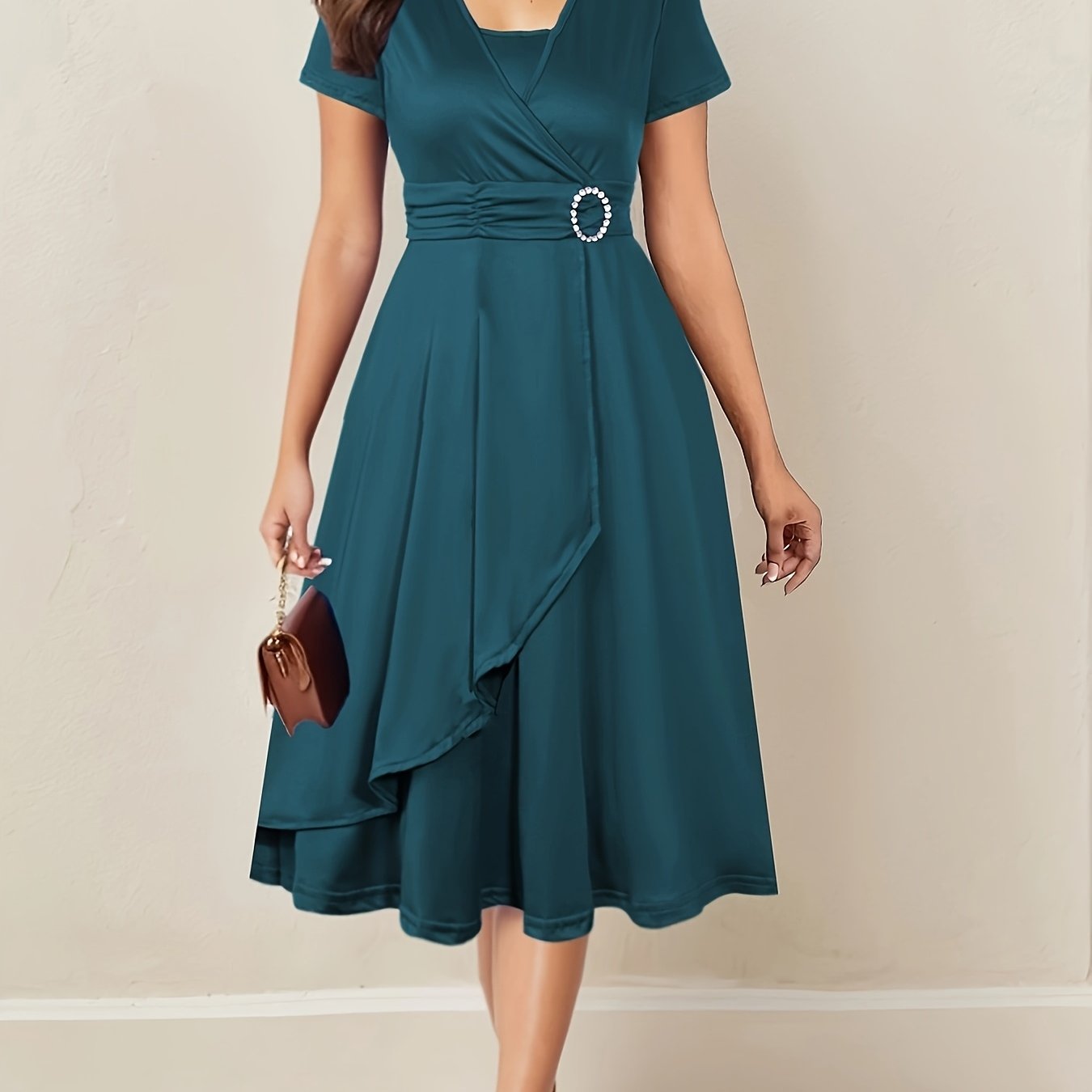 Elegant Women's Skinny Fit Rhinestone V-Neck Dress