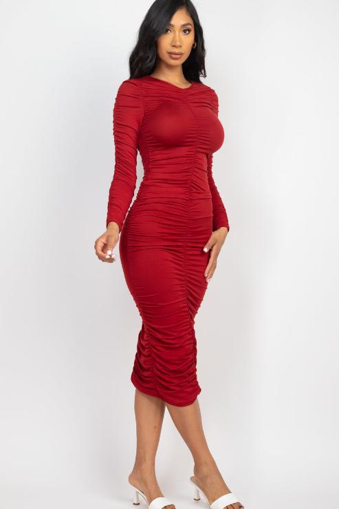 Ruched Long Sleeve Midi Dress (CAPELLA)-1