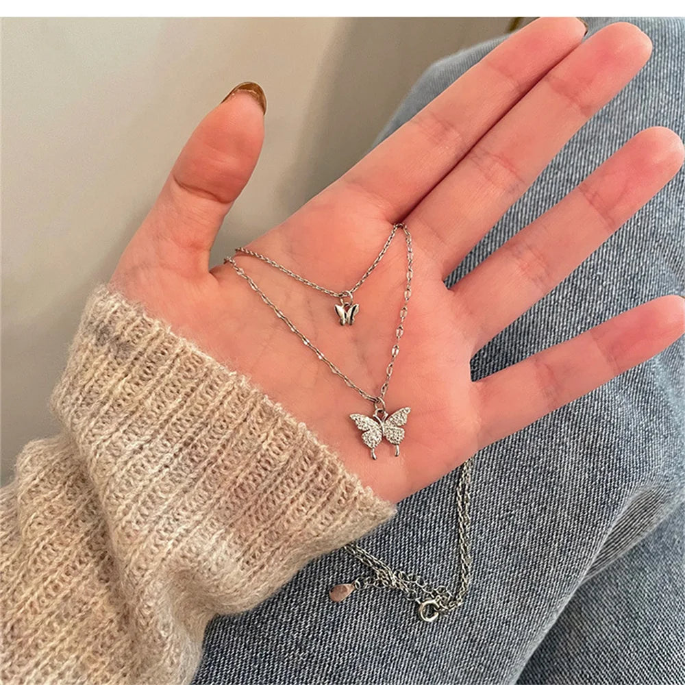 Shiny Butterfly Necklace Ladies Exquisite Double Layer Clavicle Chain Necklace Jewelry for Ladies Gift