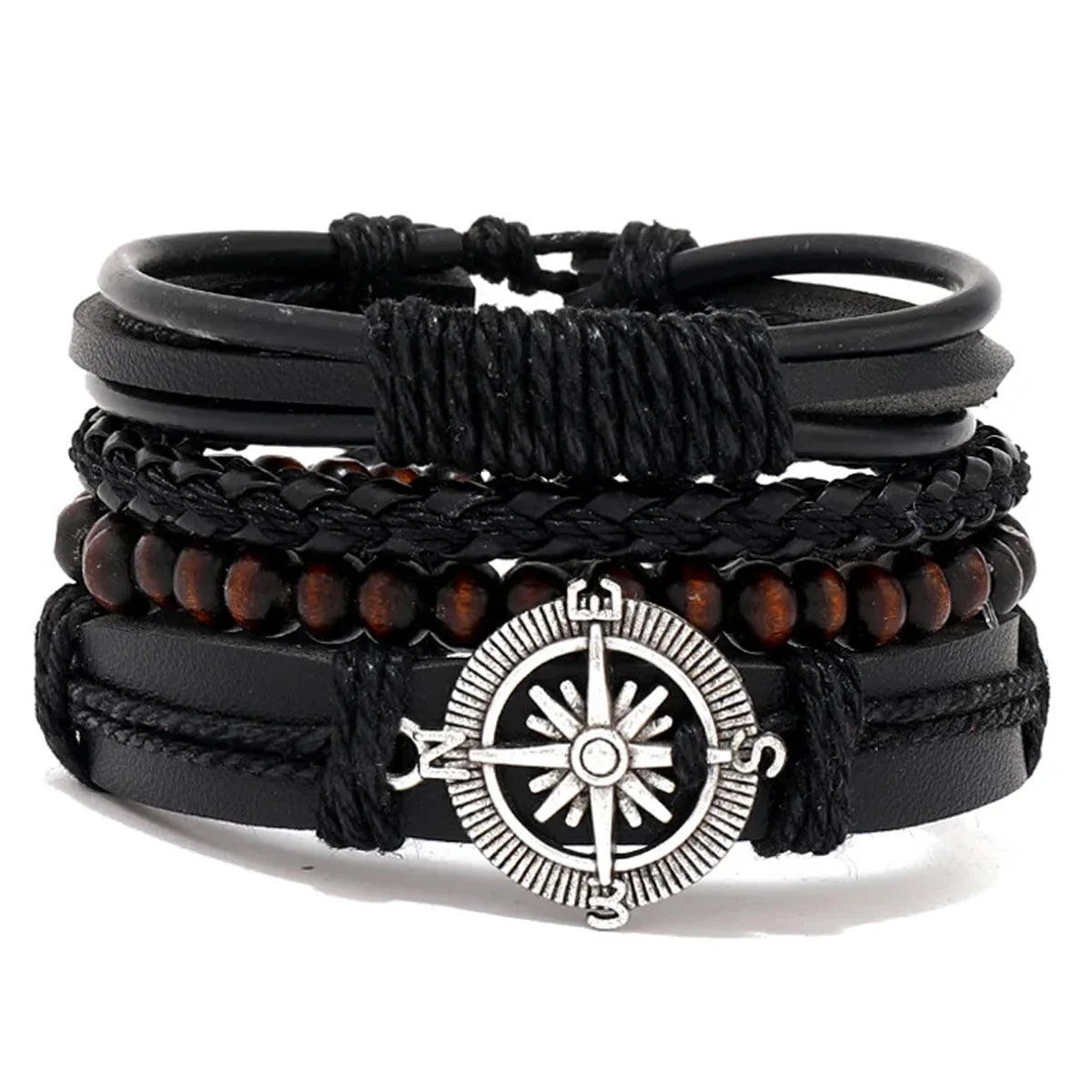 4Pcs/ Set Braided Wrap Leather Bracelets for Men Vintage Life Tree Rudder Charm Wood Beads Ethnic  Rope Bracelet
