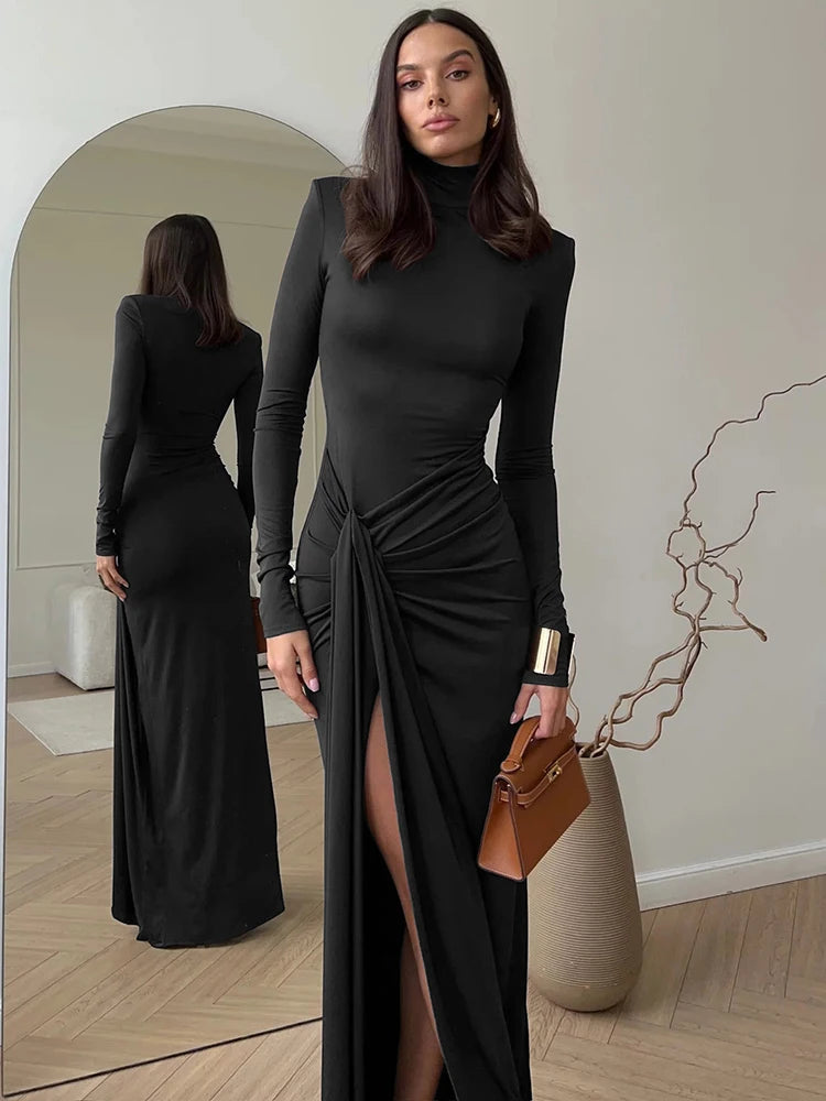 Turtleneck Thigh High Split Sexy  Dress