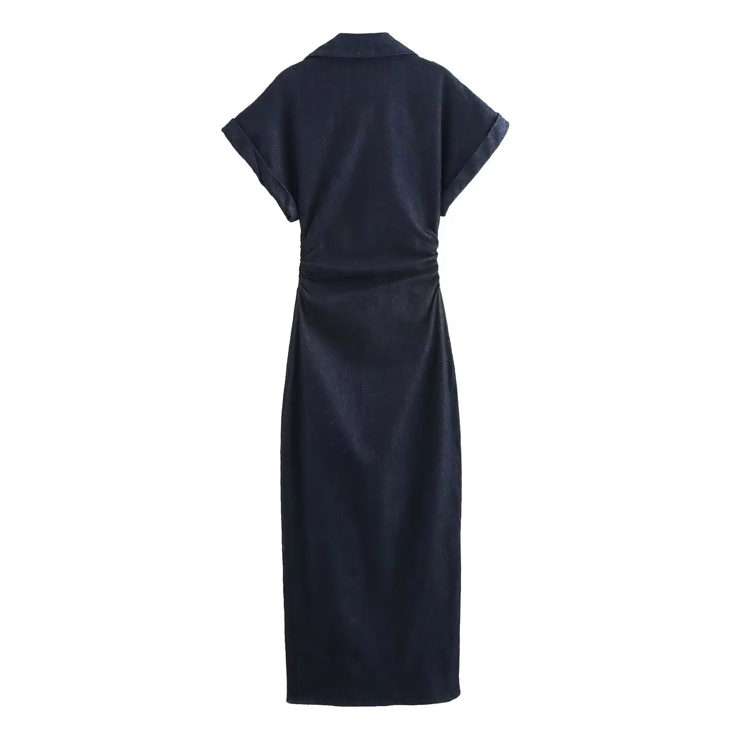 Spring dress with lapel side zipper fashion wrinkle waist slim elegant dress