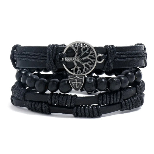 4Pcs/ Set Braided Wrap Leather Bracelets for Men Vintage Life Tree Rudder Charm Wood Beads Ethnic  Rope Bracelet
