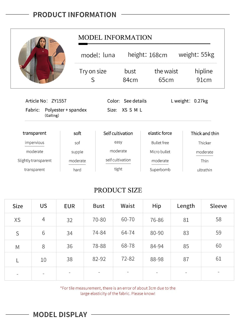 Long Sleeve Slim Bodycon Mini Dress Women