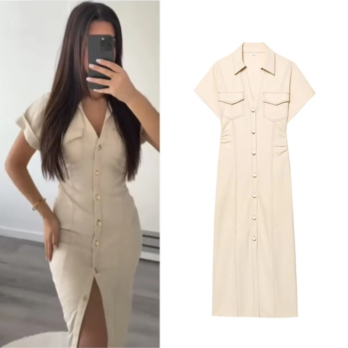 Spring dress with lapel side zipper fashion wrinkle waist slim elegant dress