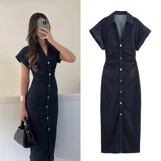 Spring dress with lapel side zipper fashion wrinkle waist slim elegant dress