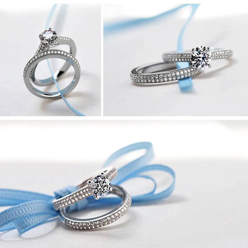 1 pair Vintage Halo 925 Sterling Silver Wedding Ring Set For Women