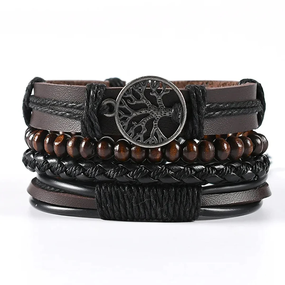4Pcs/ Set Braided Wrap Leather Bracelets for Men Vintage Life Tree Rudder Charm Wood Beads Ethnic  Rope Bracelet
