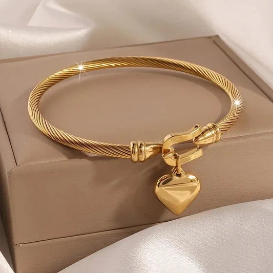 18k Gold Color Stainless Steel Heart Pendant Charm Bangle Bracelets for Women