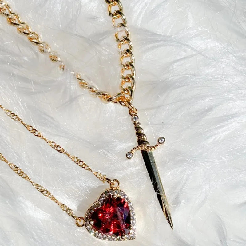 Heart and Sword Couple Necklace Collarbone Chain Sword