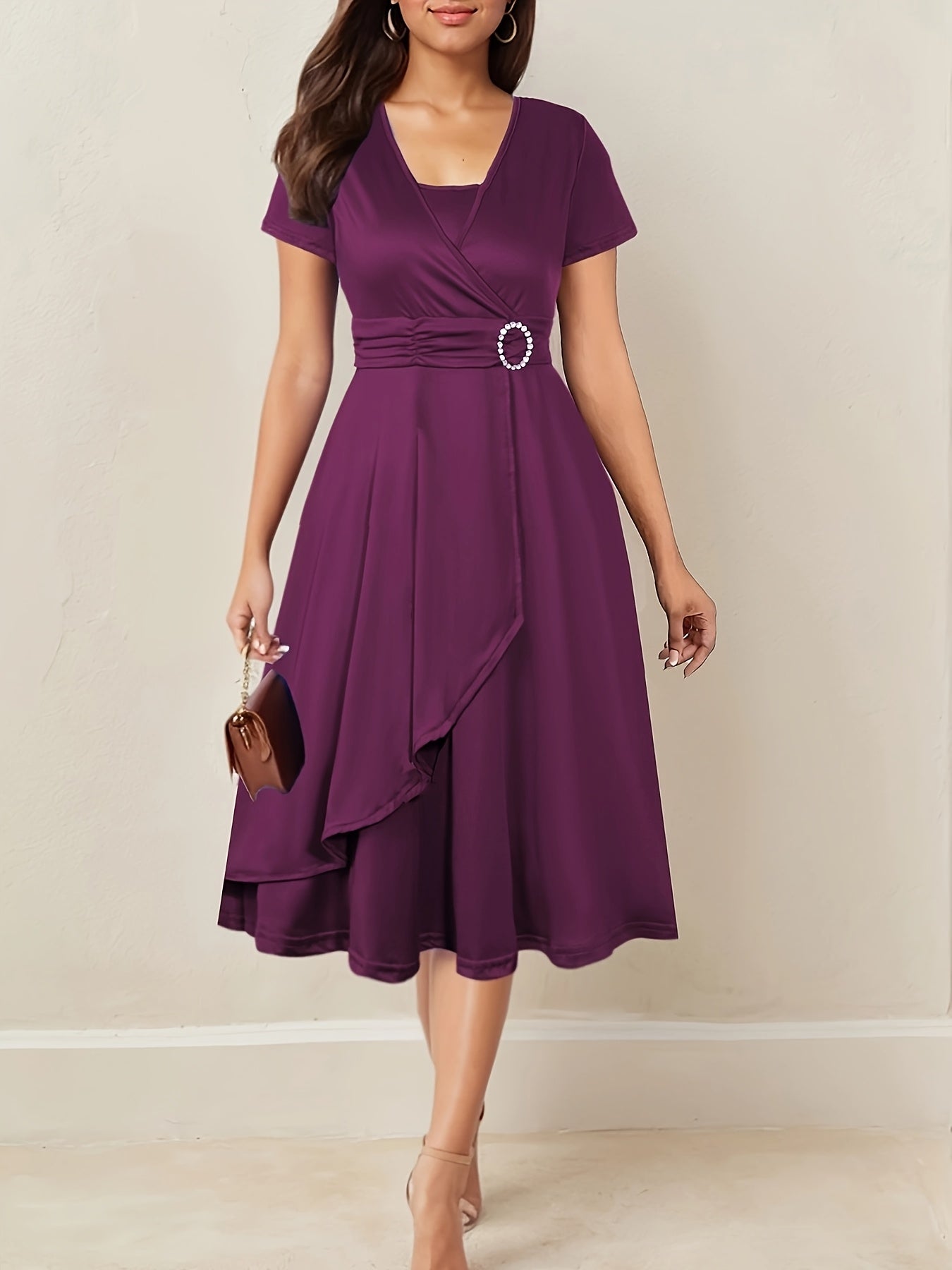 Elegant Women's Skinny Fit Rhinestone V-Neck Dress